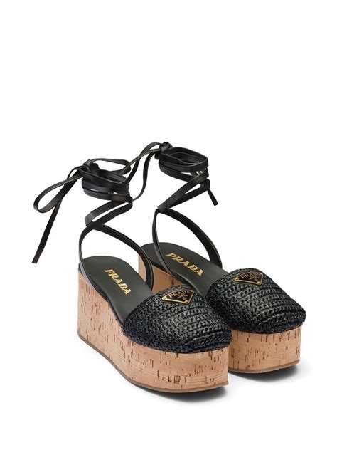 Shop Prada Denim & Raffia Wedge Sandals 